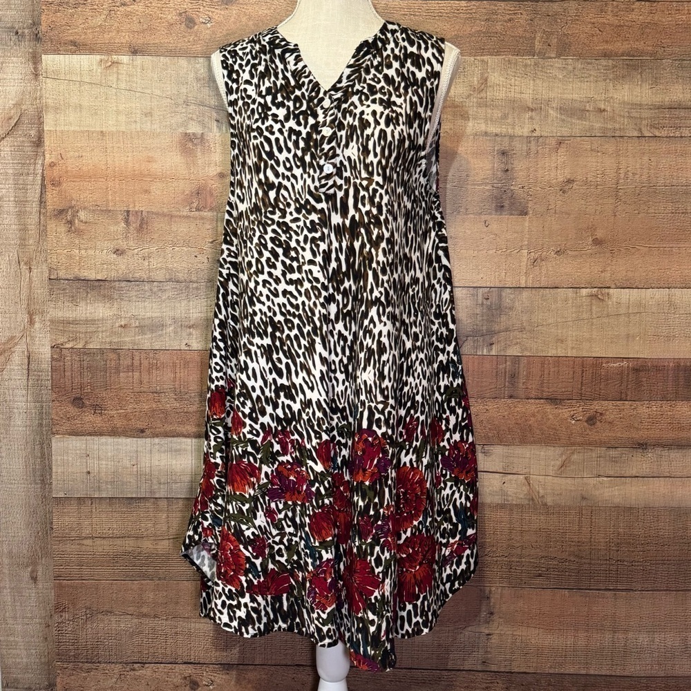🌻 Flint & Moss Floral Leopard Sleeveless Sun Dress size Large Beach Boho